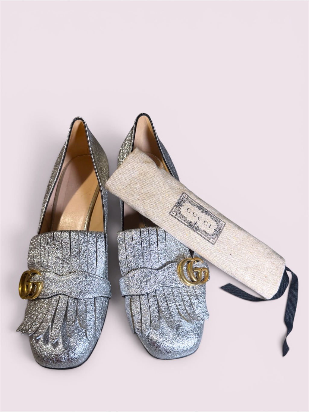 Gucci Gg Marmont Size 42 Gold Foil Leather Fringe Block Heel Pumps